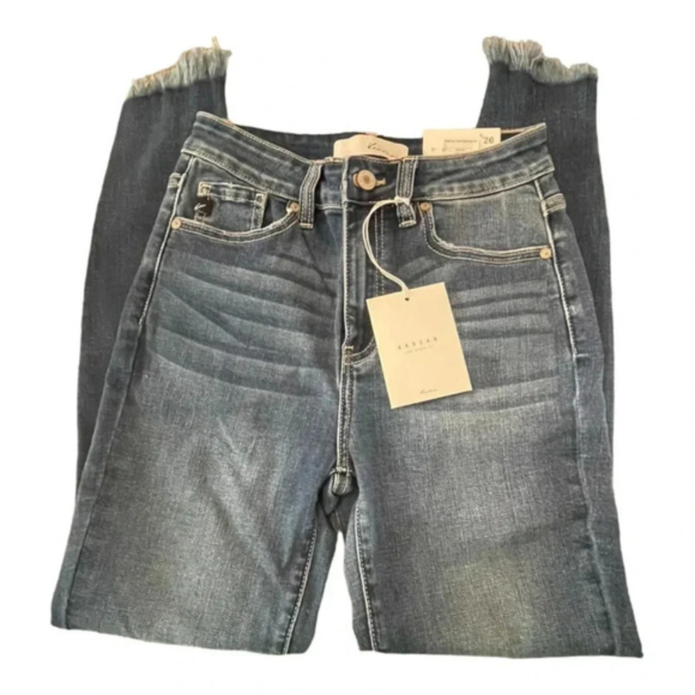 Kancan Gem High rise Distressed Jeans with Fringed Bottoms Sz 26‎